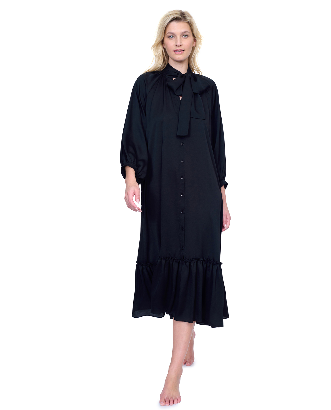 Front View Of Gottex Day Dreamer Button Down Maxi Long Dress with Long Sleeves Swim Cover up | Gottex Mirage Black
