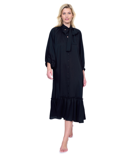 Front View Of Gottex Day Dreamer Button Down Maxi Long Dress with Long Sleeves Swim Cover up | Gottex Mirage Black