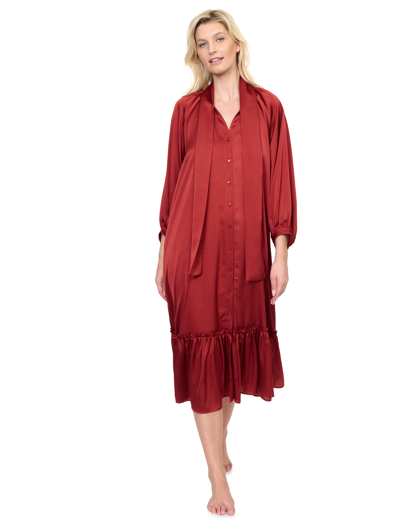 Front View Of Gottex Day Dreamer Button Down Maxi Long Dress with Long Sleeves Swim Cover up | Gottex Day Dreamer Spice