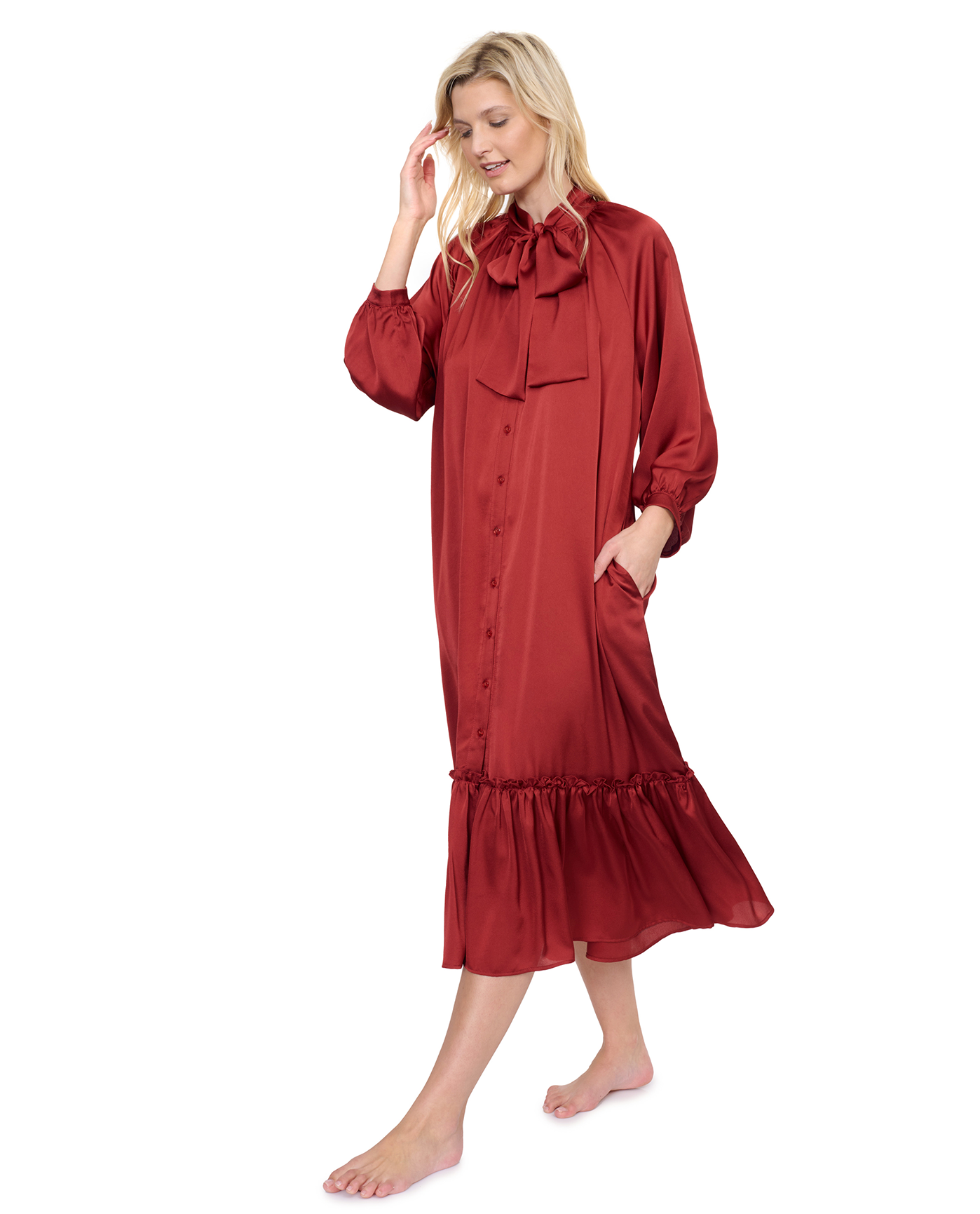 Side View Of Gottex Day Dreamer Button Down Maxi Long Dress with Long Sleeves Swim Cover up | Gottex Day Dreamer Spice