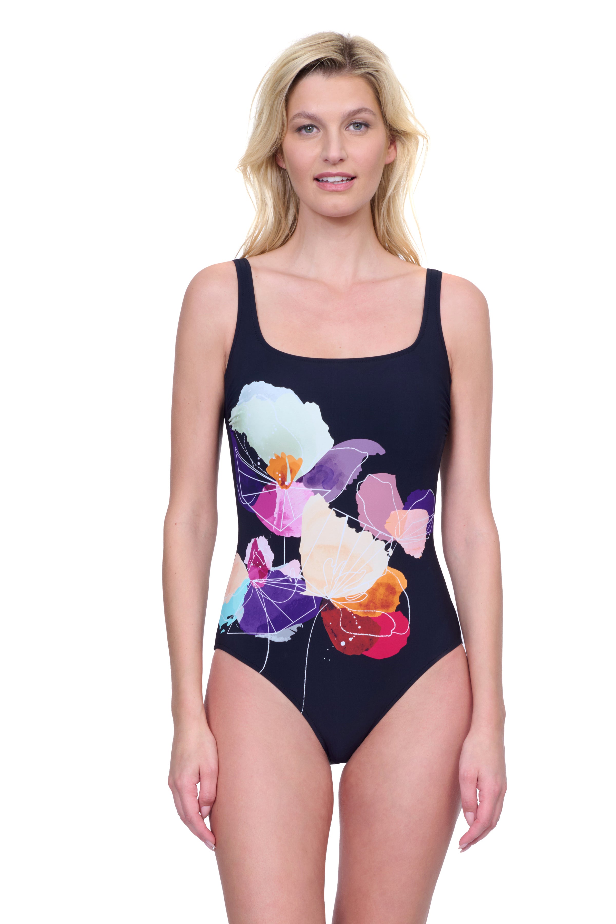 Enchanted Sun Full Coverage Square Neck One Piece Swimsuit - Black multi