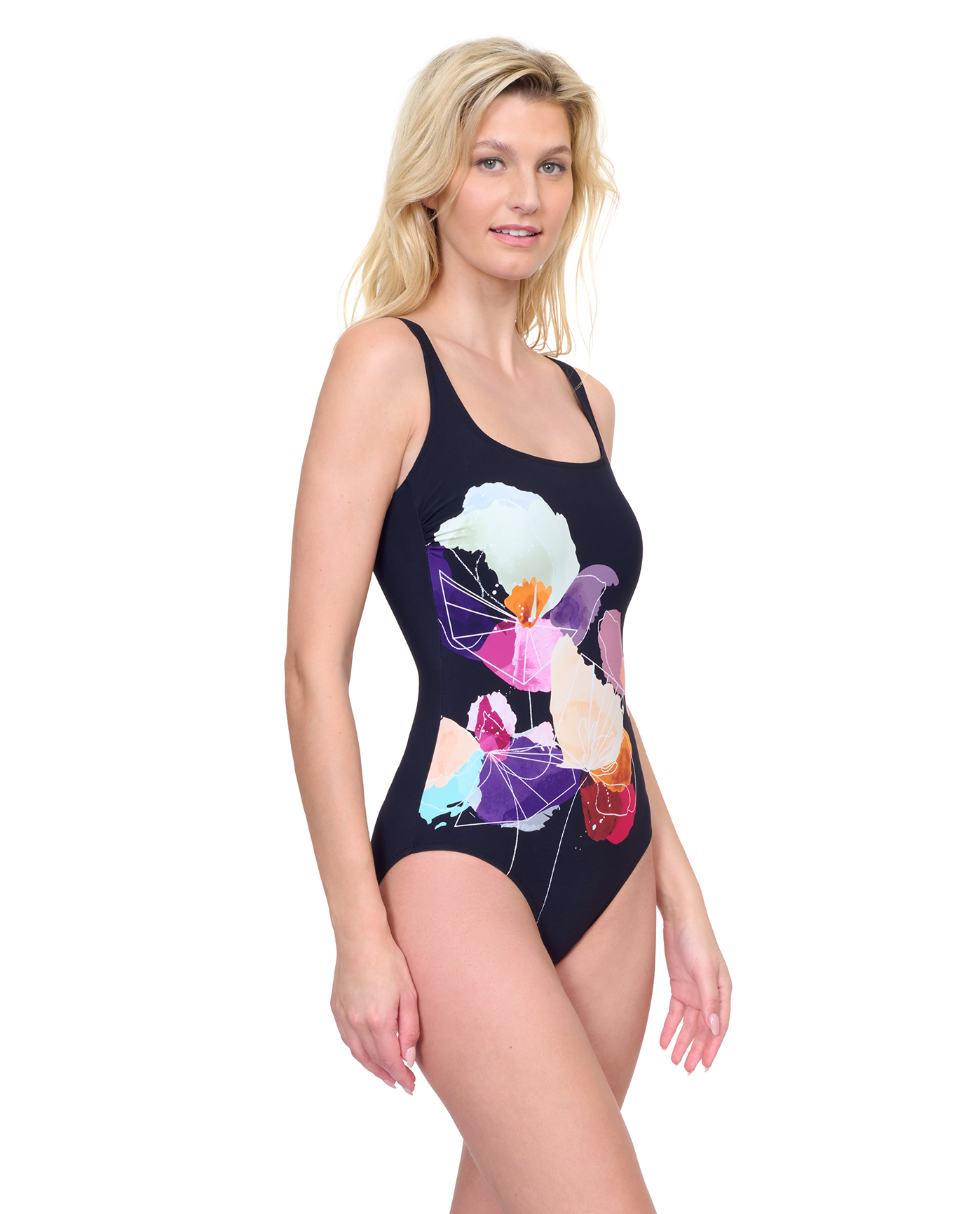 Enchanted Sun Full Coverage Square Neck One Piece Swimsuit - Black multi