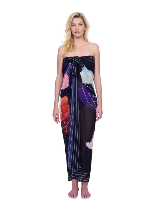 Front View Of Gottex Enchanted Sun Full Length Pareo | Gottex Enchanted Sun Black Multi