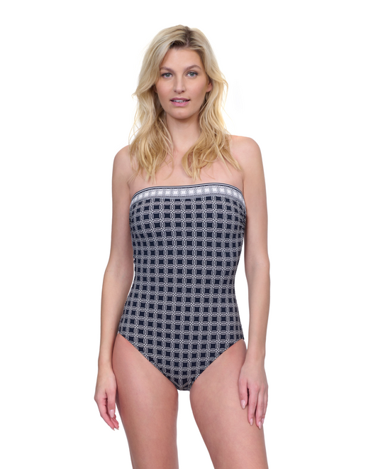 Front View Of Gottex Golden Chic Bandeau One Piece Swimsuit | Gottex Golden Chic Black Cream