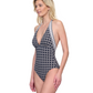 Side View Of Gottex Golden Chic V Neck Halter One Piece Swimsuit | Gottex Golden Chic Black Cream