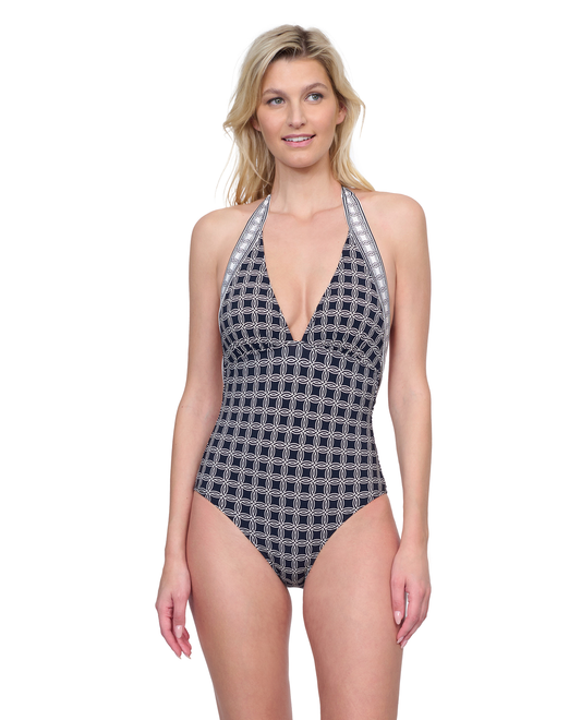 Gottex Golden Chic V Neck Halter One Piece Swimsuit