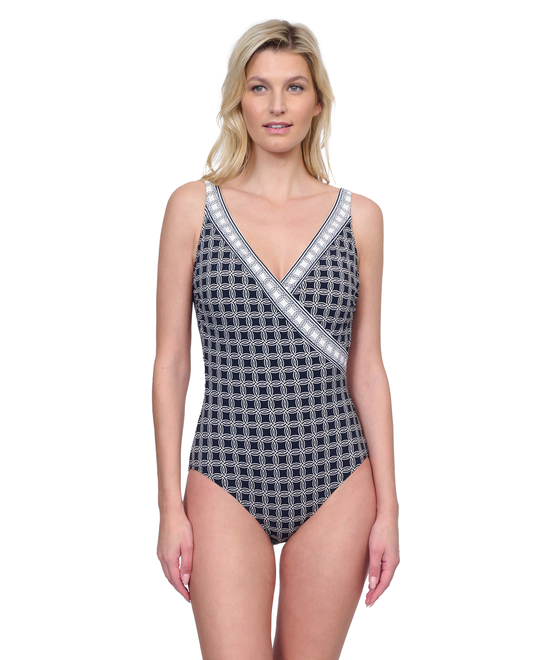 Front View Of Gottex Golden Chic Surplice One Piece Swimsuit | Golden Chic Black Cream