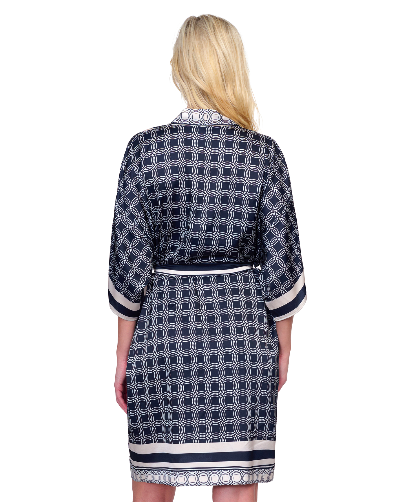 Back View Of Gottex Golden Chic Belted Kimono Flutter Sleeve with Tie Swim Cover up | Golden Chic Black Cream