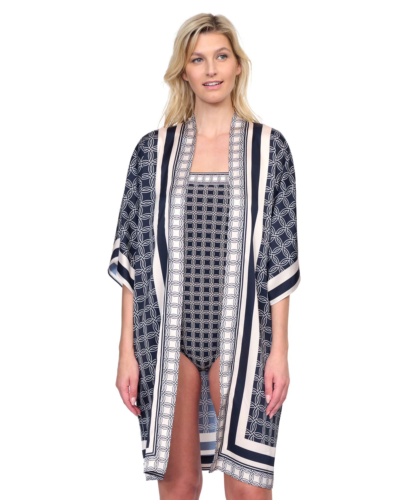 Front View Of Gottex Golden Chic Belted Kimono Flutter Sleeve with Tie Swim Cover up | Golden Chic Black Cream