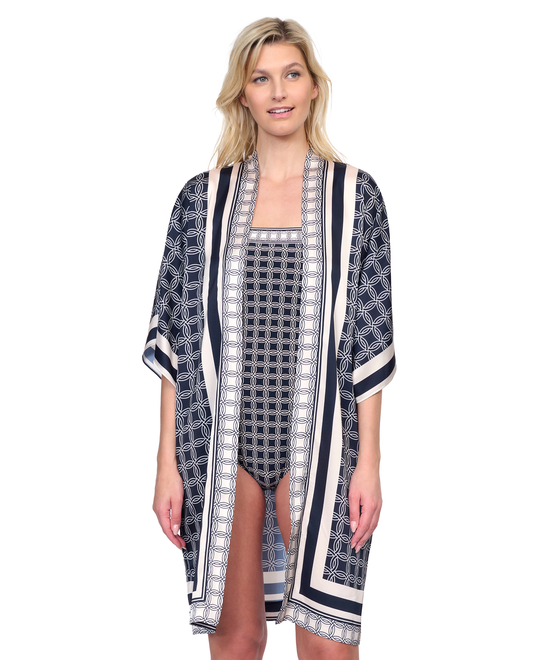 Front View Of Gottex Golden Chic Belted Kimono Flutter Sleeve with Tie Swim Cover up | Golden Chic Black Cream