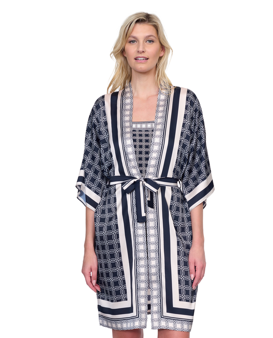 Front View Of Gottex Golden Chic Belted Kimono Flutter Sleeve with Tie Swim Cover up | Golden Chic Black Cream