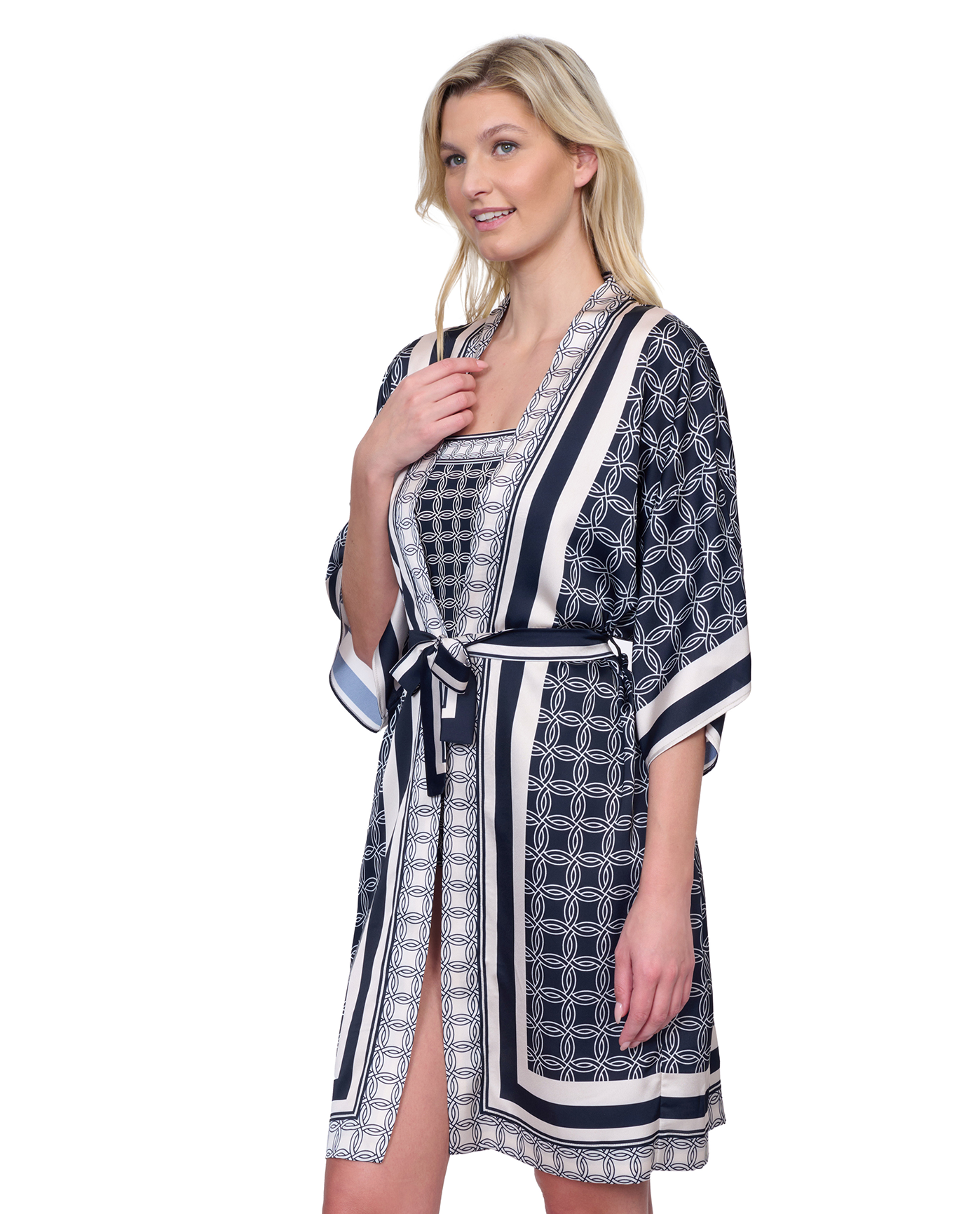 Side View Of Gottex Golden Chic Belted Kimono Flutter Sleeve with Tie Swim Cover up | Golden Chic Black Cream