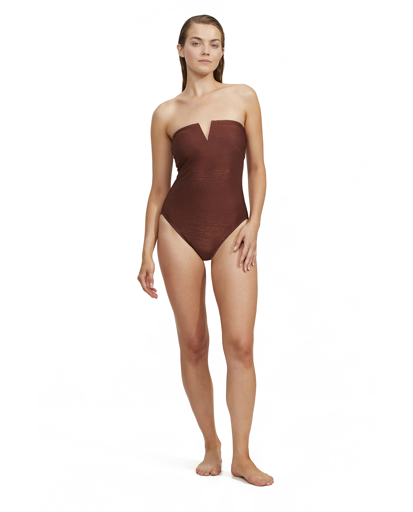 Front View Of Luma High End Bandeau High Leg One Piece | Bronze