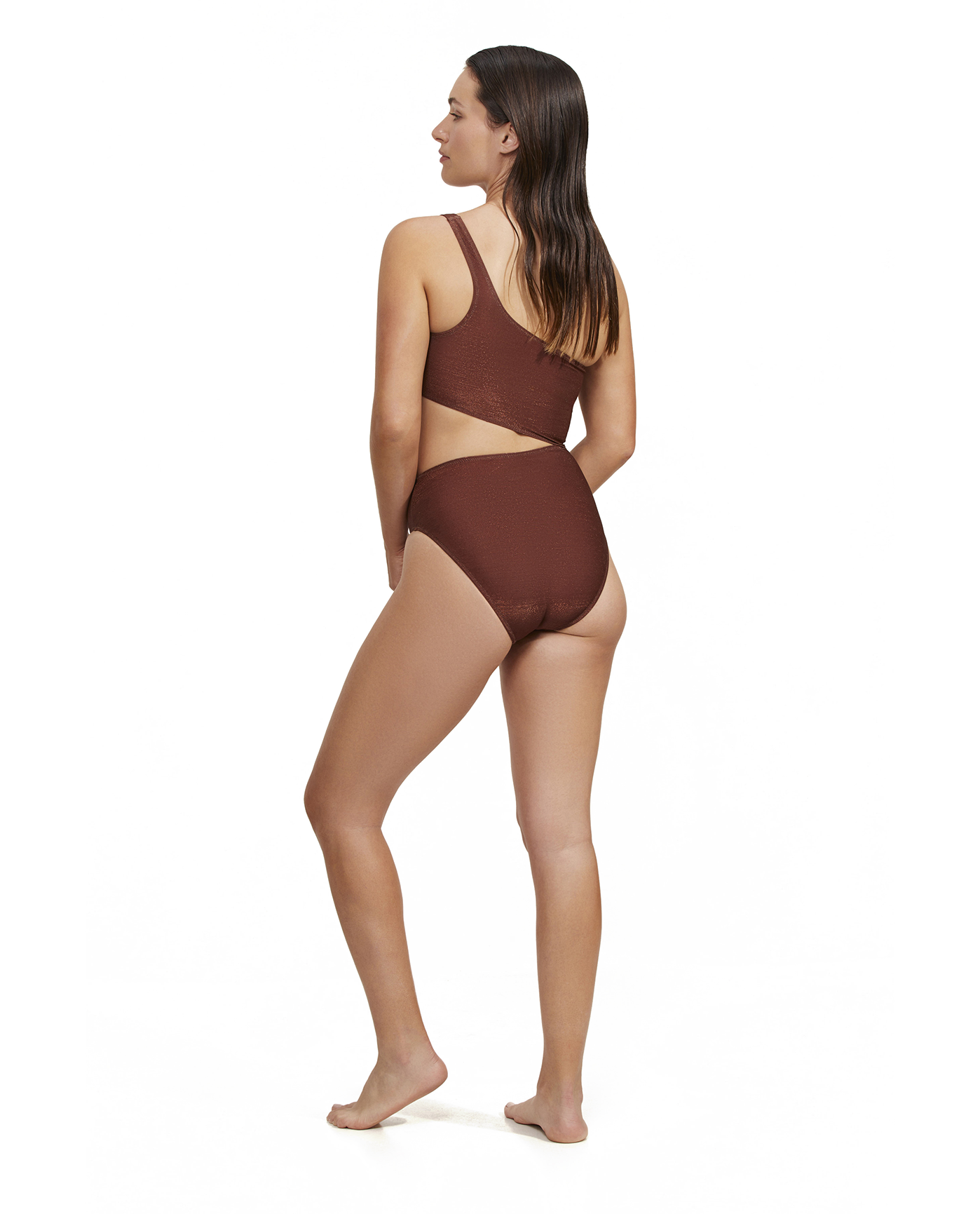 Back View Of Luma High End One Shoulder Cut Out One Piece | Bronze