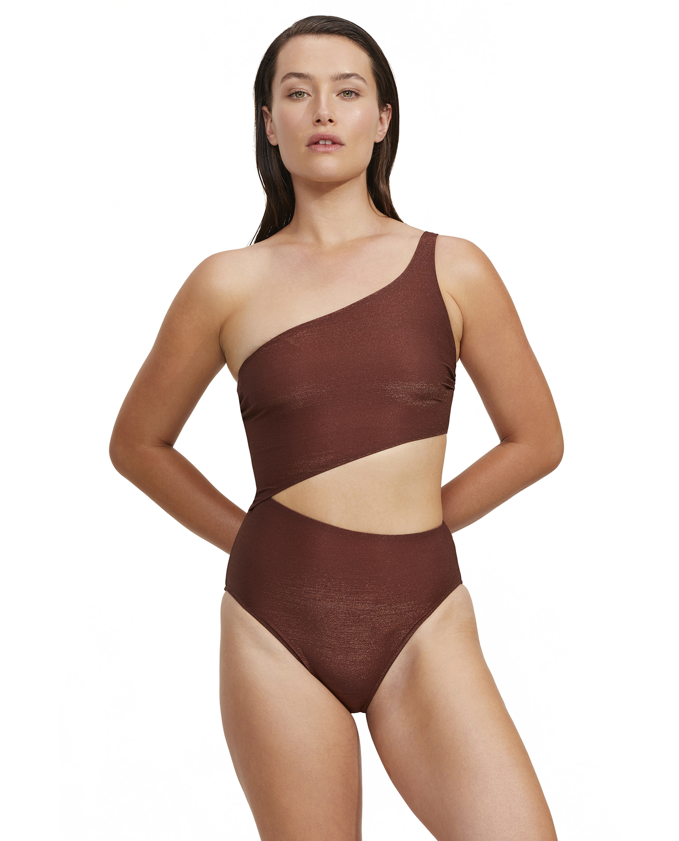 Front View Of Luma High End One Shoulder Cut Out One Piece | Bronze