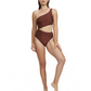 Front View Of Luma High End One Shoulder Cut Out One Piece | Bronze