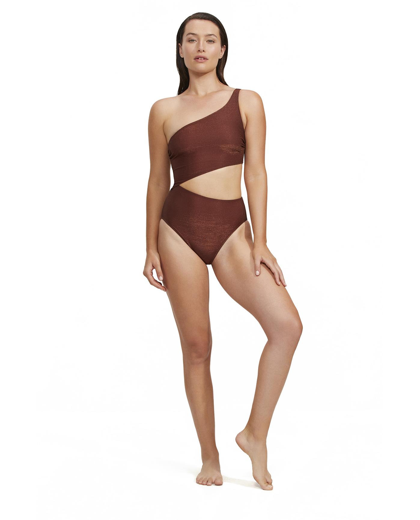 Front View Of Luma High End One Shoulder Cut Out One Piece | Bronze