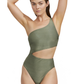 Front View Of Luma High End One Shoulder Cut Out One Piece | Olive