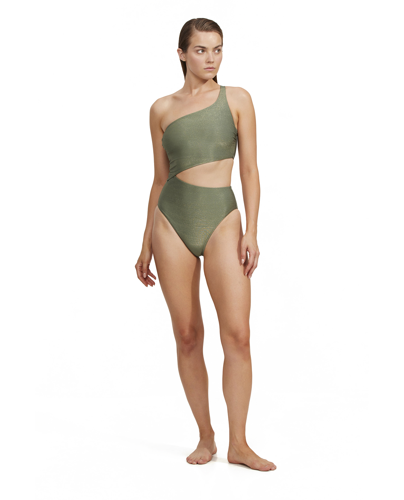 Front View Of Luma High End One Shoulder Cut Out One Piece | Olive