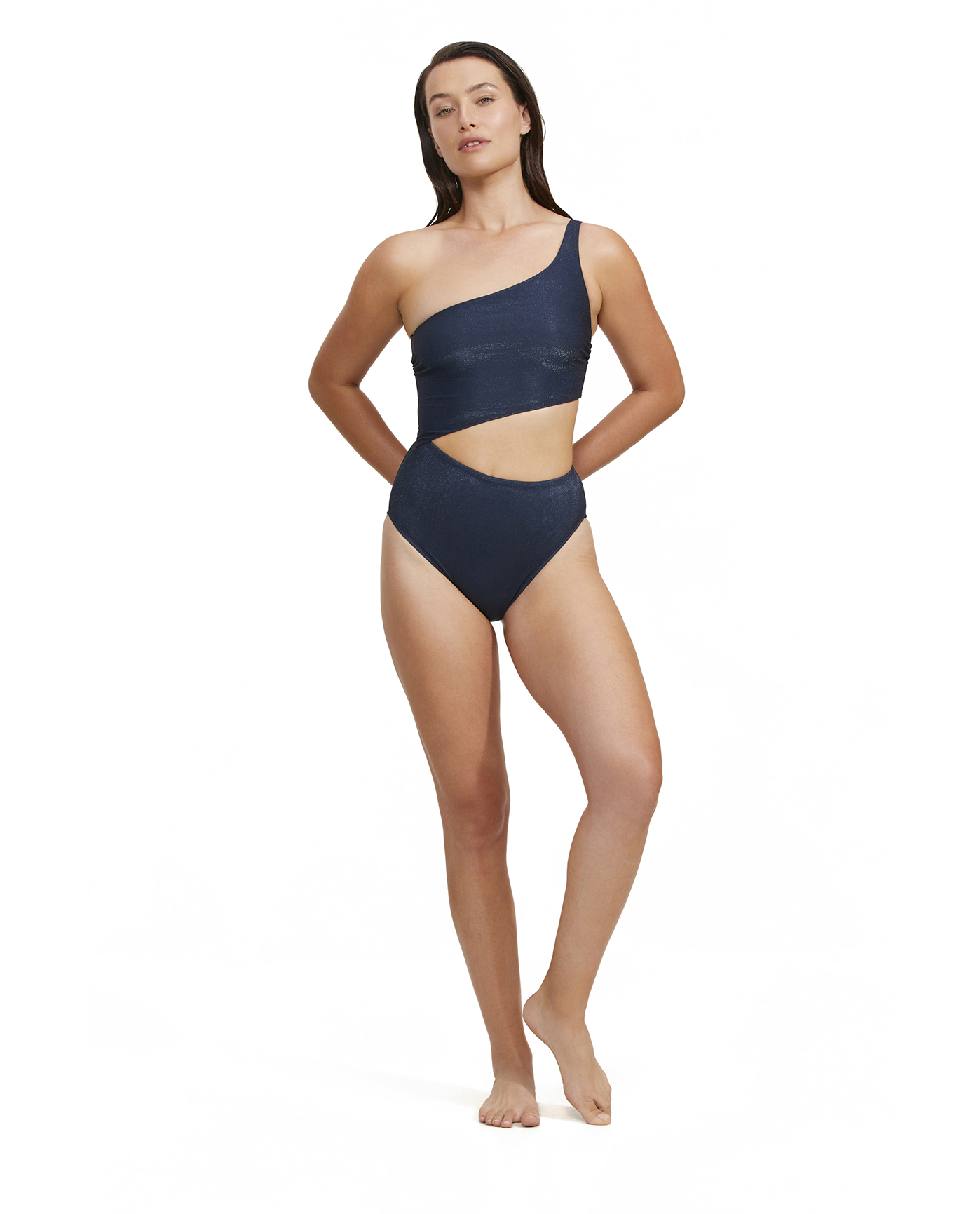 Front View Of Luma High End One Shoulder Cut Out One Piece | Midnight-Blue