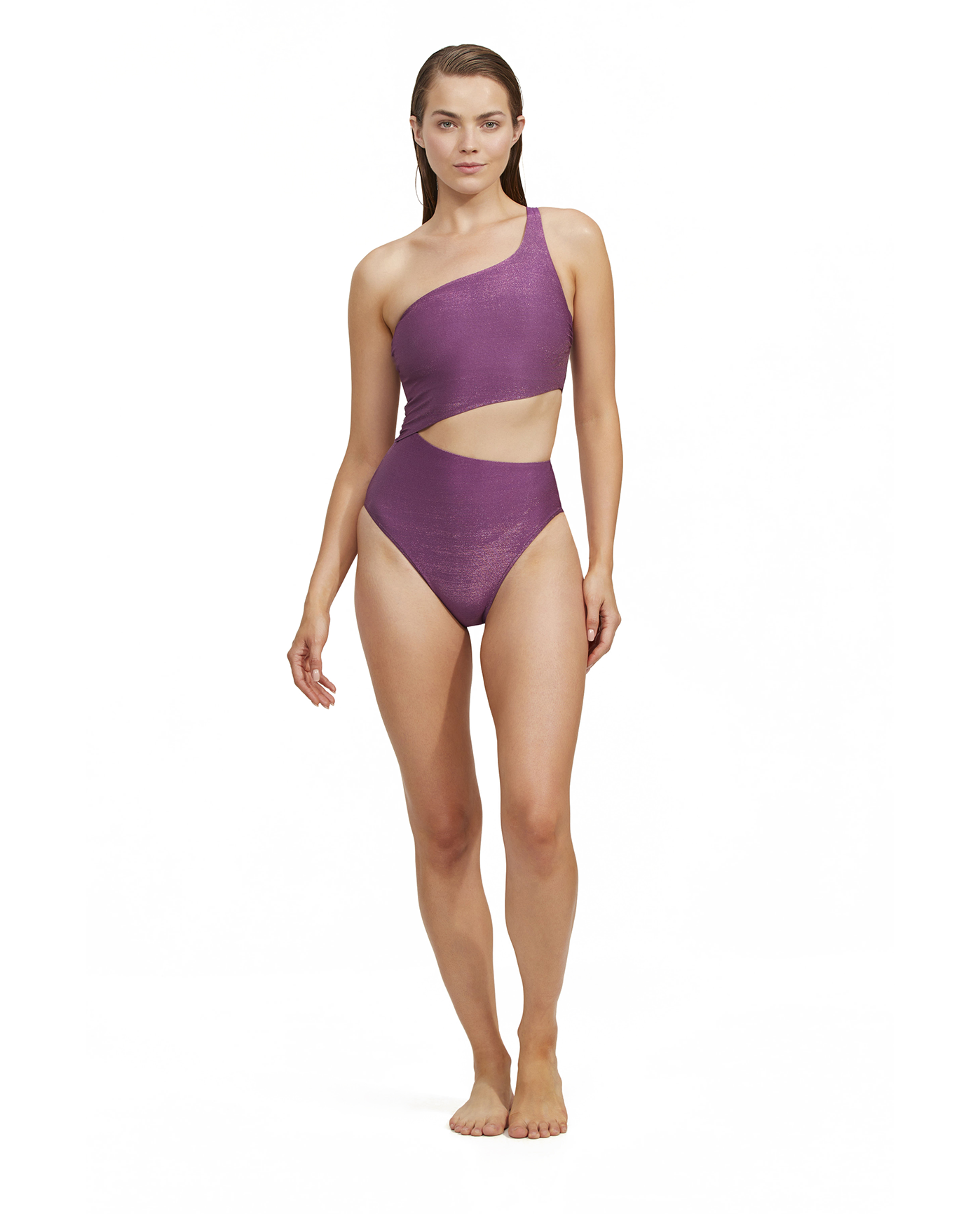 Front View Of Luma High End One Shoulder Cut Out One Piece | Purple