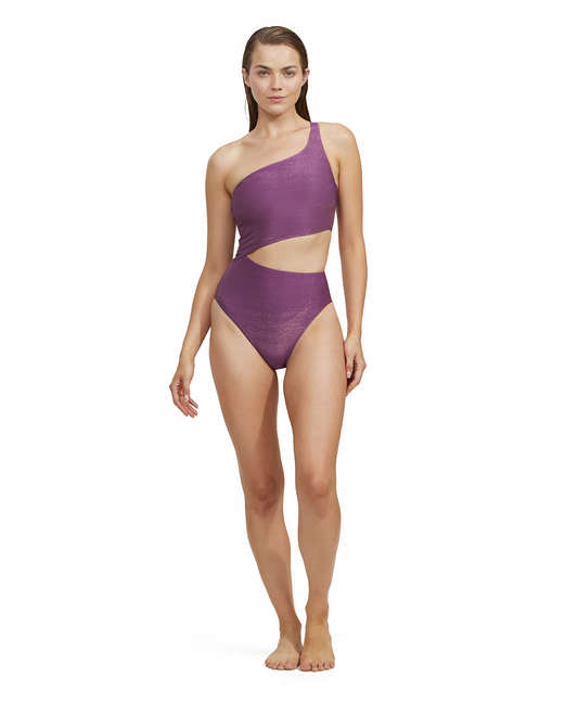 Front View Of Luma High End One Shoulder Cut Out One Piece | Purple
