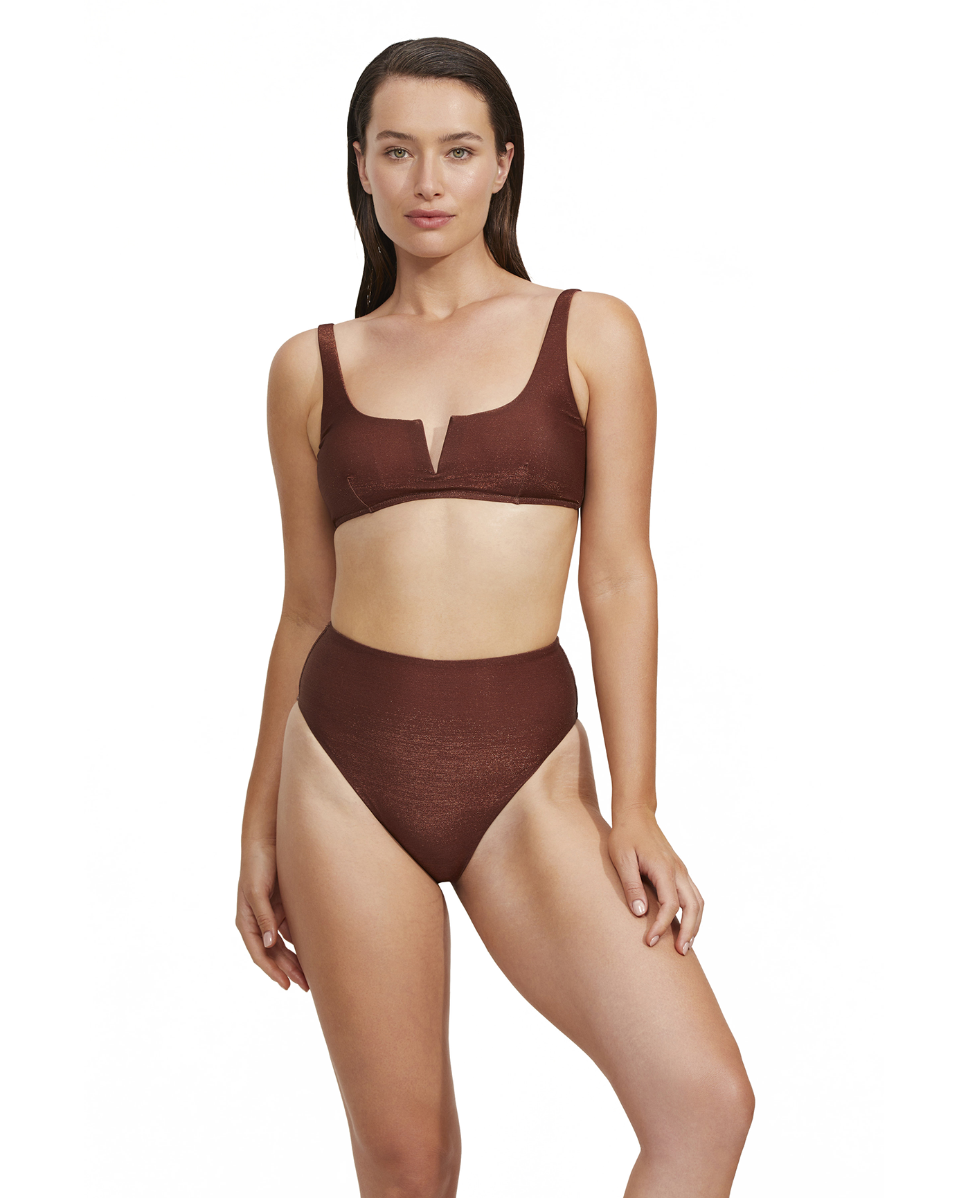 Front View Of Luma High End High Waist Swim Bottom | Bronze