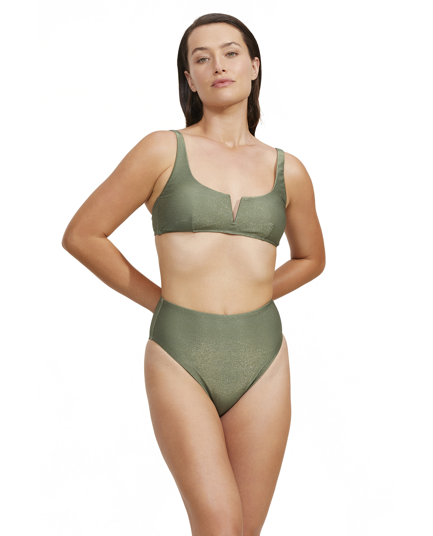 Front View Of Luma High End V Wire Bikini Top | Olive