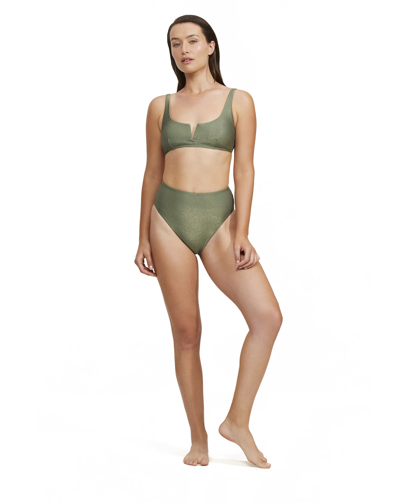 Front View Of Luma High End V Wire Bikini Top | Olive