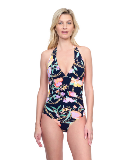Front View Of Gottex Memories of Capri V Neck Halter One Piece Swimsuit | Gottex Memories of Capri Black Multi