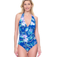 Front View Of Gottex Memories of Capri V Neck Halter One Piece Swimsuit | Gottex Memories of Capri Blue Multi