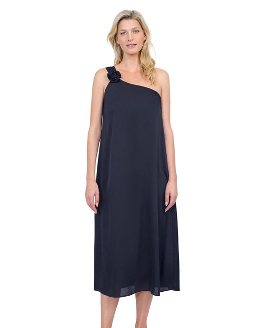 Front View Of Gottex Rose Bud One Shoulder Sarong Dress Cover Up | GOTTEX ROSE BUD BLACK