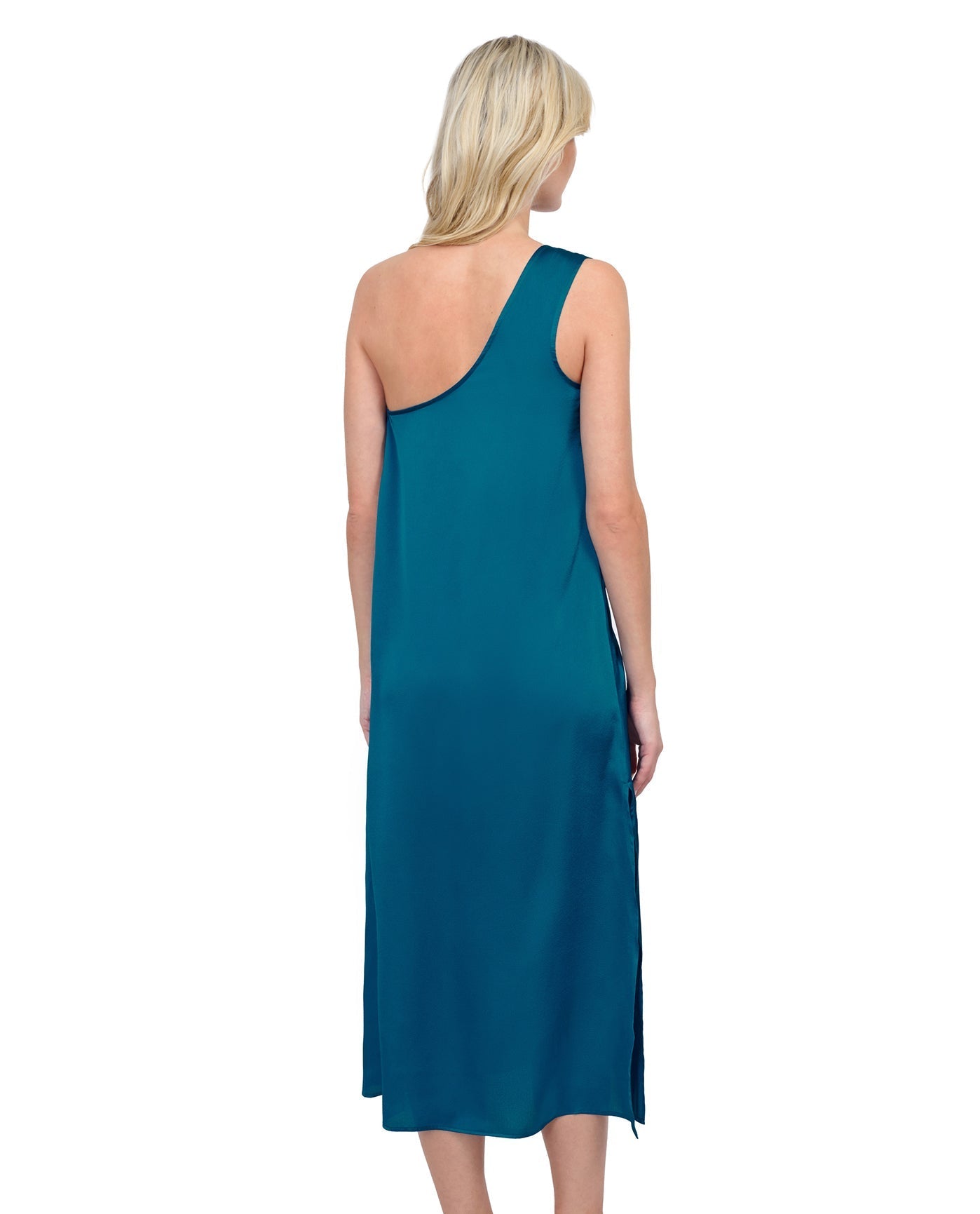Back View Of Gottex Rose Bud One Shoulder Sarong Dress Cover Up | GOTTEX ROSE BUD TEAL