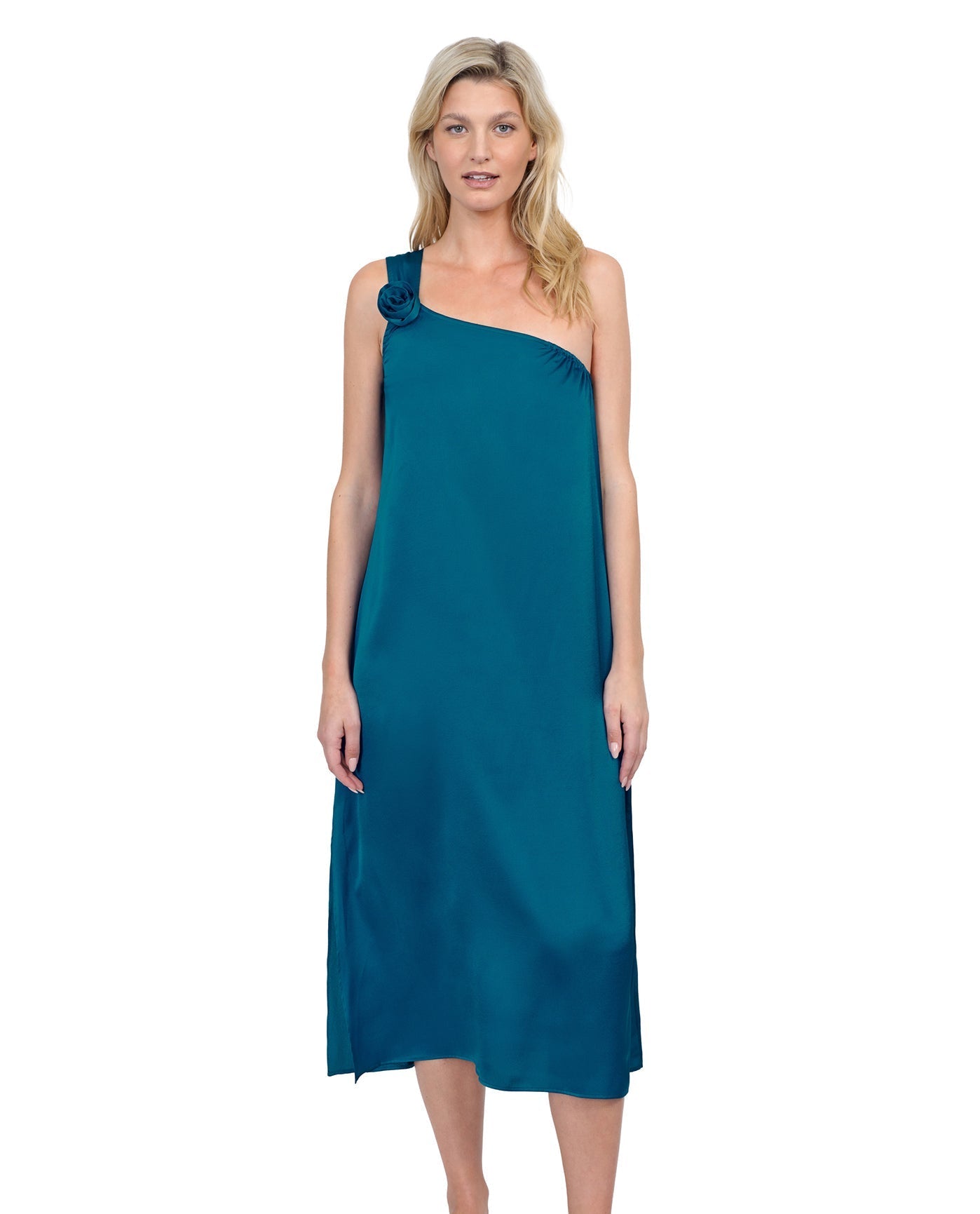 Front View Of Gottex Rose Bud One Shoulder Sarong Dress Cover Up | GOTTEX ROSE BUD TEAL