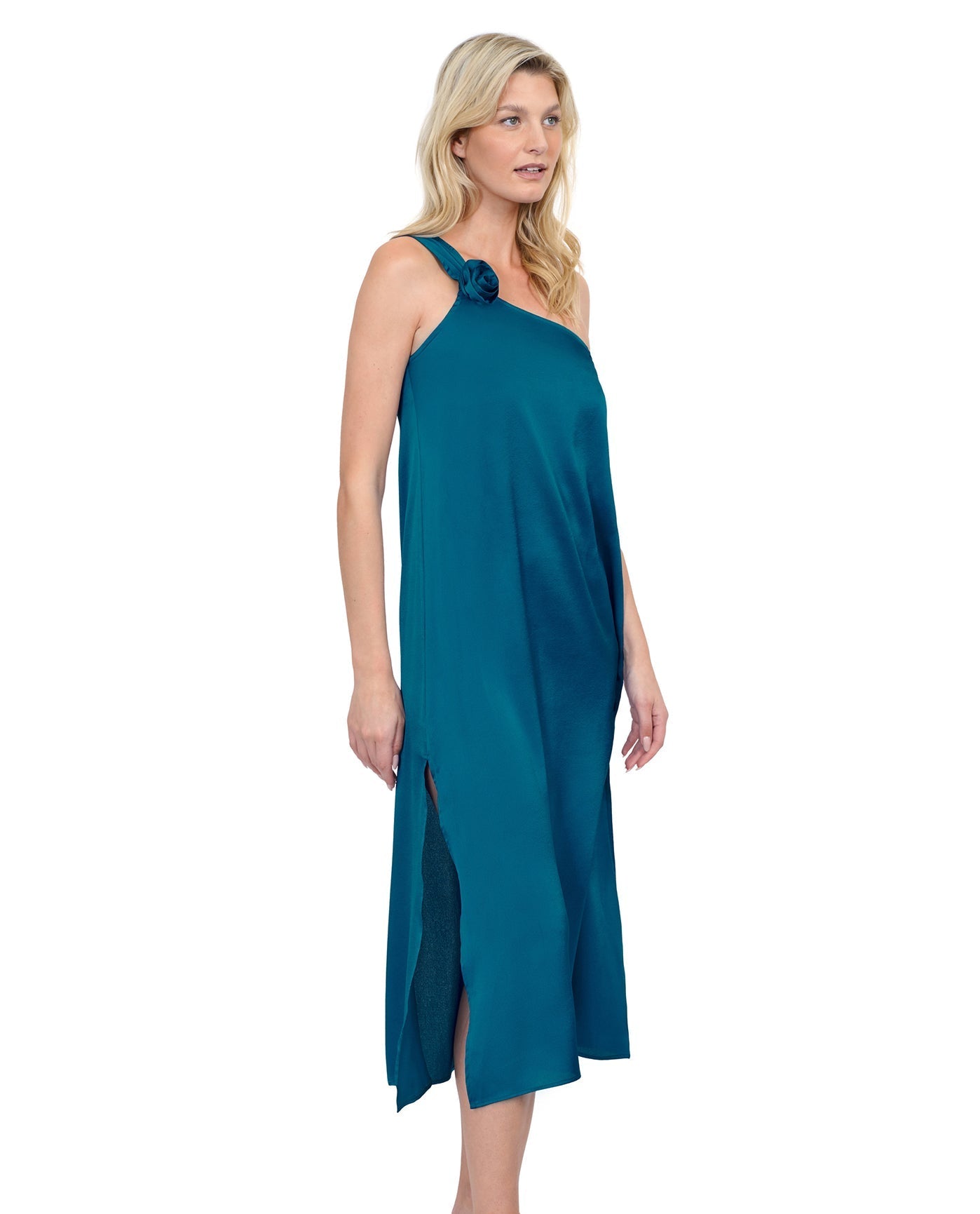Side View Of Gottex Rose Bud One Shoulder Sarong Dress Cover Up | GOTTEX ROSE BUD TEAL