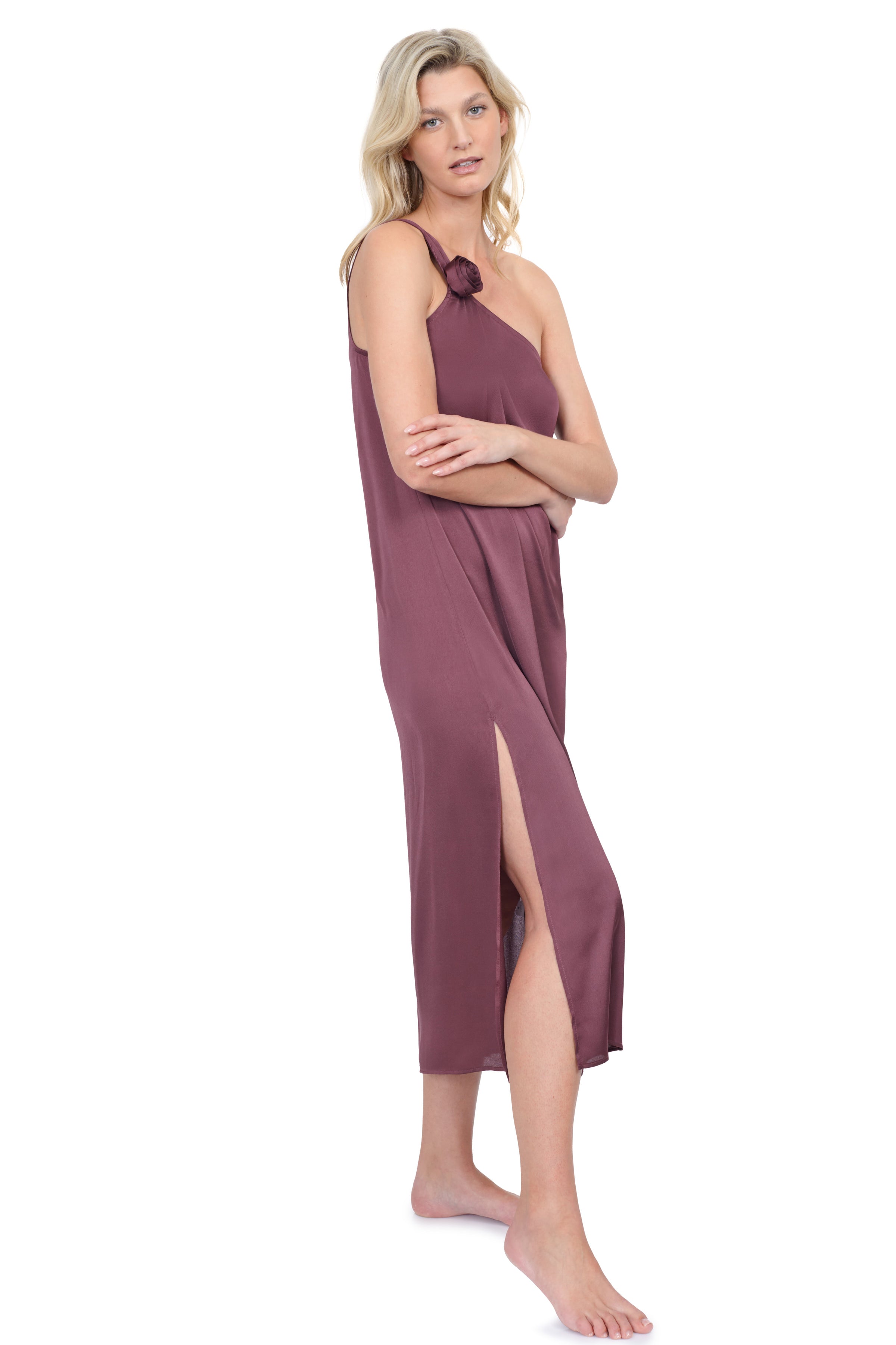 Rose Bud One Shoulder Sarong Dress Cover Up - Mauve