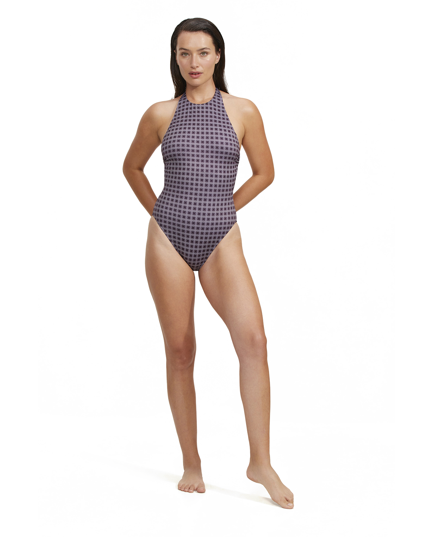 Front View Of Luma Retro Touch High Neck Halter One Piece | Multi-Plum
