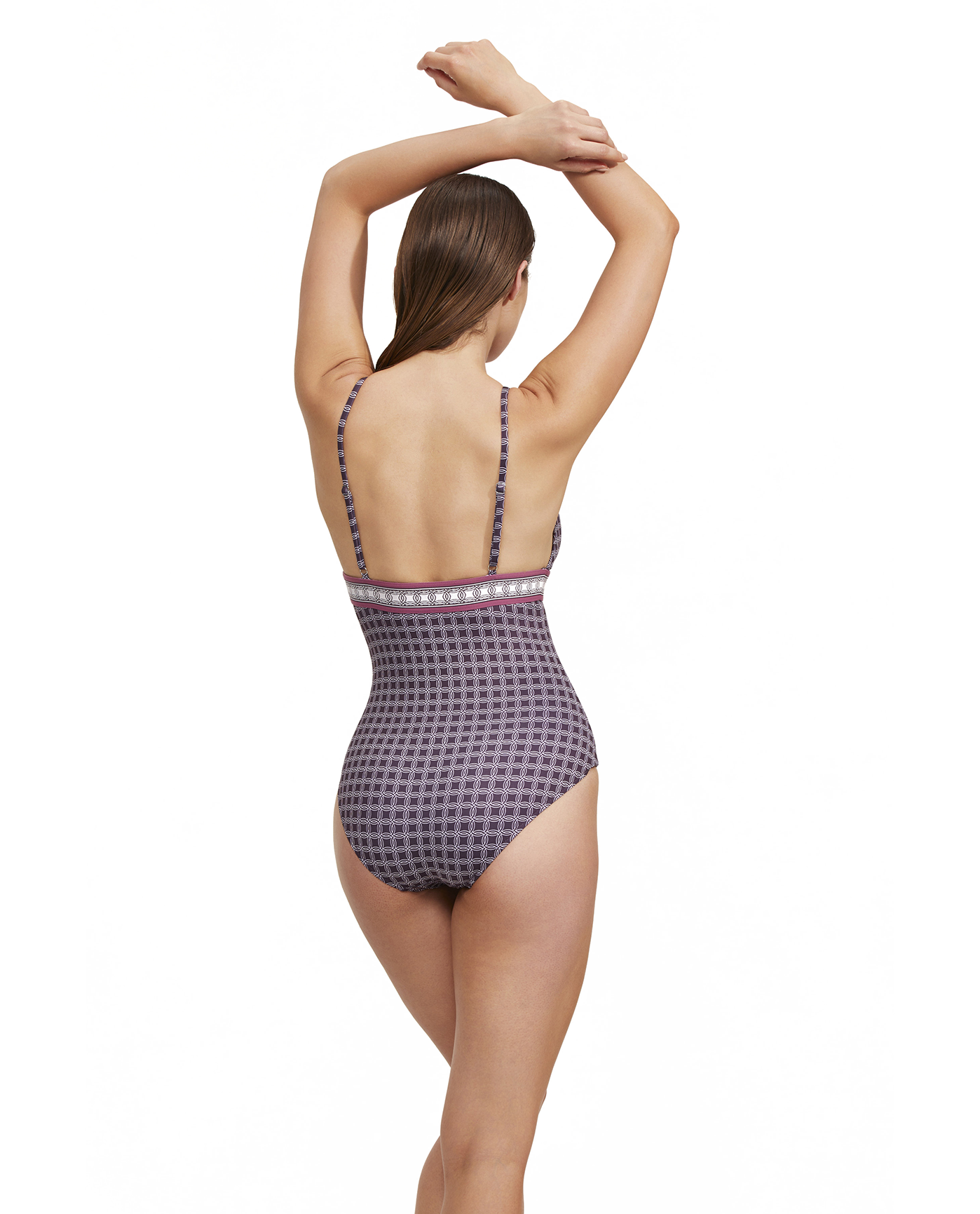 Back View Of Luma Retro Touch V Neck One Piece | Multi-Plum