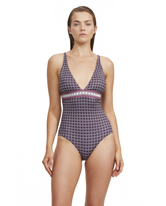 Front View Of Luma Retro Touch V Neck One Piece | Multi-Plum