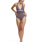 Front View Of Luma Retro Touch V Neck One Piece | Multi-Plum