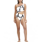 Front View Of Luma Signature One Shoulder Cut Out One Piece | Black / Cream