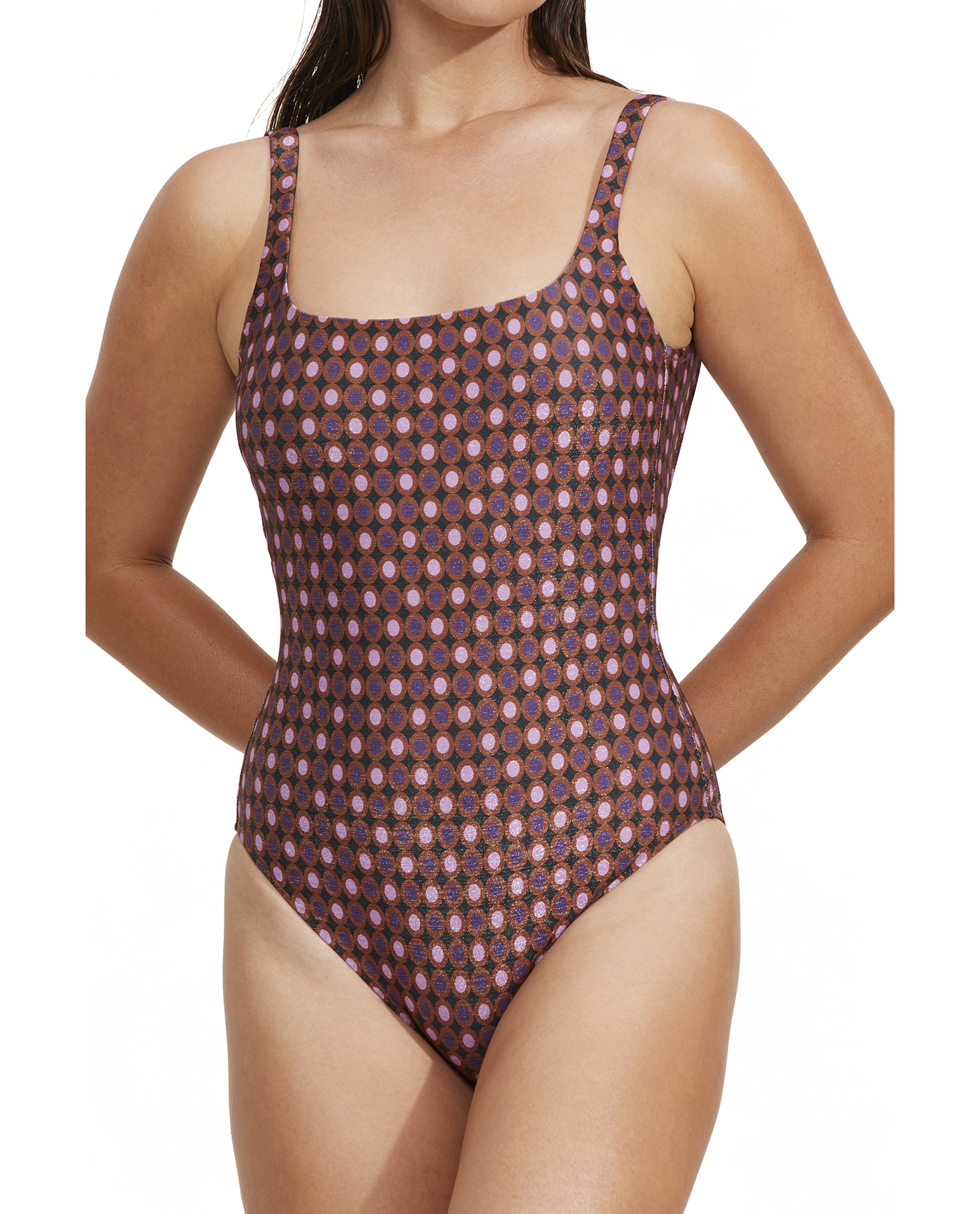 Front View Of Luma Vintage Charm Square Neck Tank One Piece | Purple-Bronze
