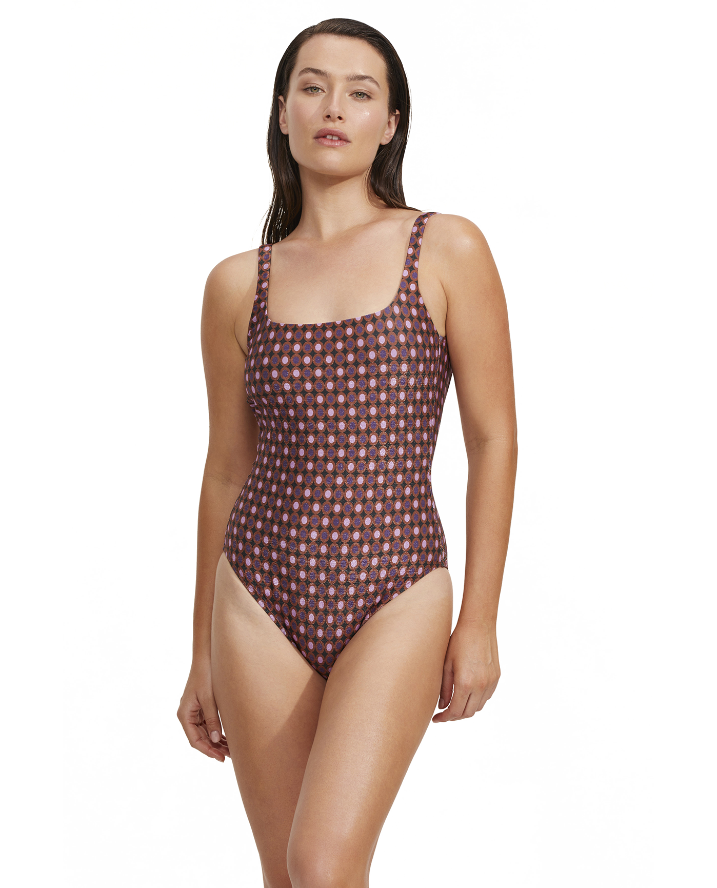 Front View Of Luma Vintage Charm Square Neck Tank One Piece | Purple-Bronze