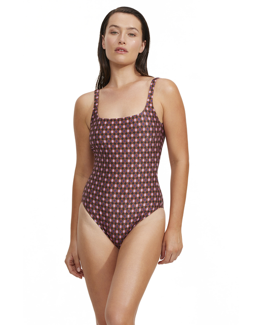 Front View Of Luma Vintage Charm Square Neck Tank One Piece | Purple-Bronze