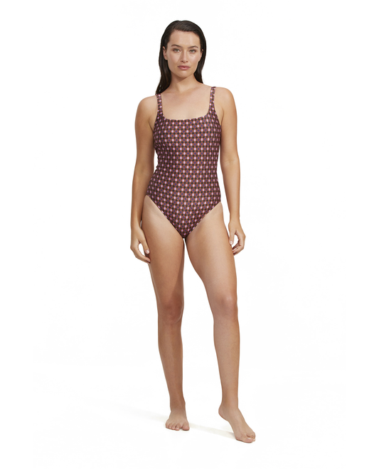Front View Of Luma Vintage Charm Square Neck Tank One Piece | Purple-Bronze
