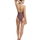 Back View Of Luma Vintage Charm Scoop Neck Halter One Piece | Purple-Bronze