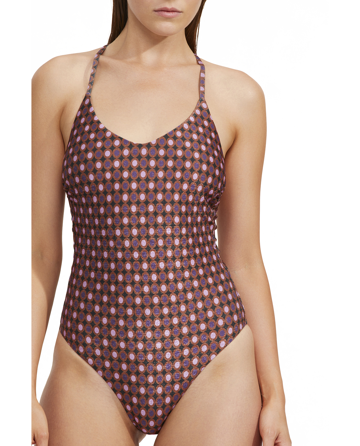 Front View Of Luma Vintage Charm Scoop Neck Halter One Piece | Purple-Bronze