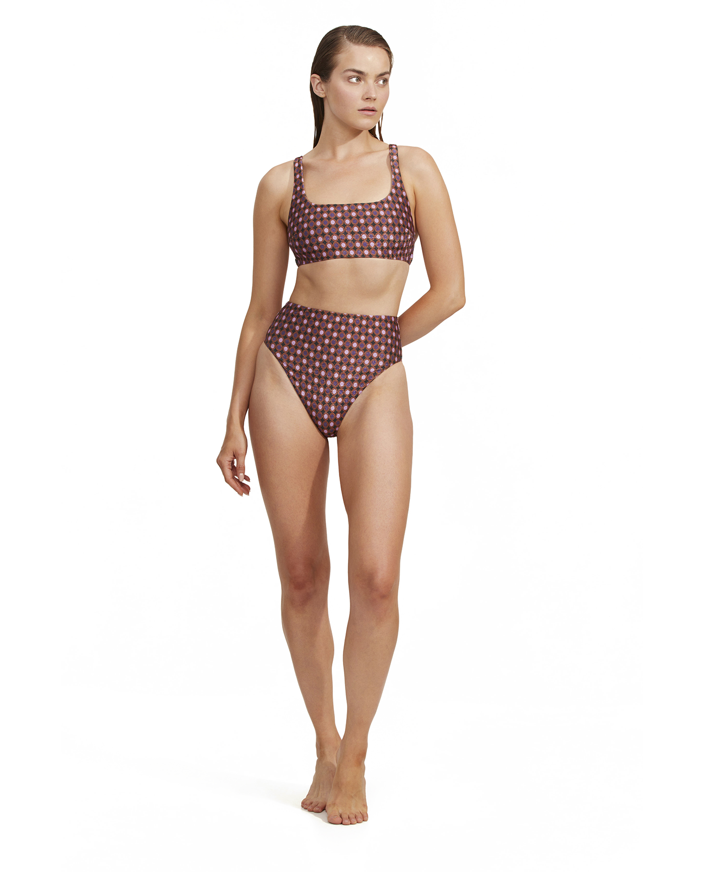 Front View Of Luma Vintage Charm Square Neck Bikini Top | Purple-Bronze