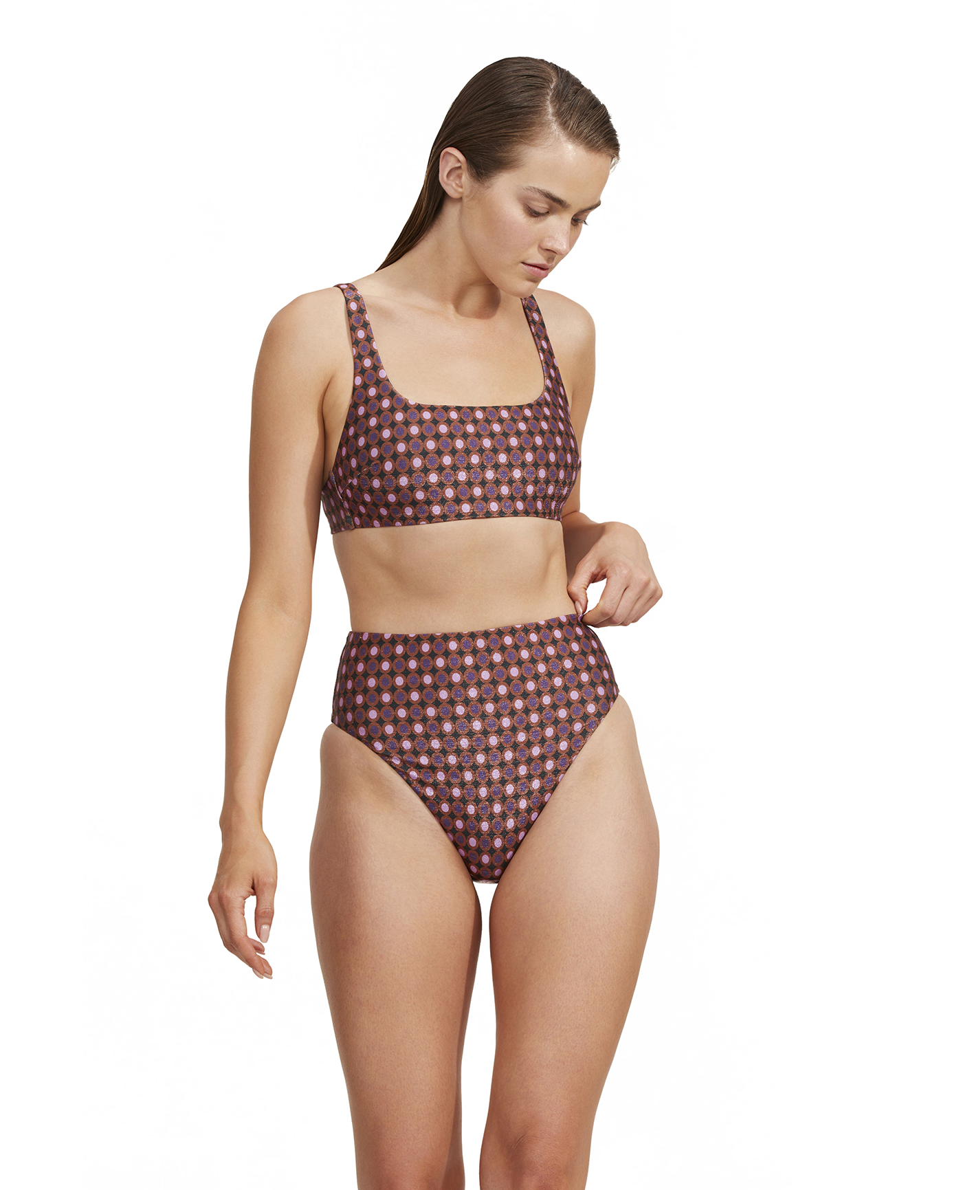 Side View Of Luma Vintage Charm High Waist Swim Bottom | Purple-Bronze
