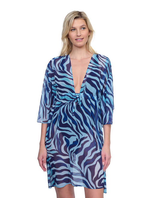 Front View Of Gottex Wildest Dream V Neck Beach Dress Adjustable Straps Swim Cover up | Gottex Wildest Dream Blue Multi